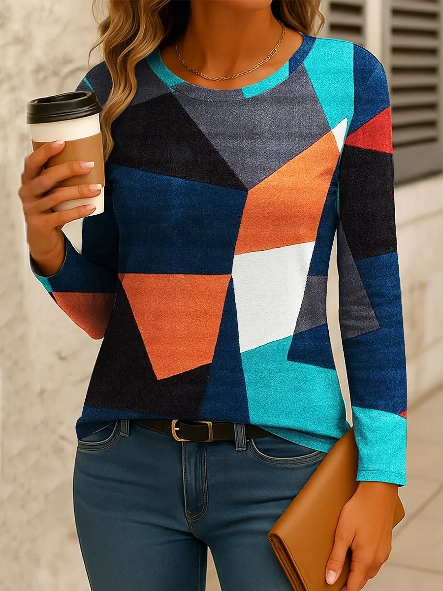 เสื้อยืดผู้หญิงลายเรขาคณิตสามมิติแบบไม่สมมาตร แฟชั่นแขนยาว คอกลม ทรงปกติ เหมาะสำหรับวันหยุดพักผ่อน ฤดูใบไม้ผลิและฤดูใบไม้ร่วง