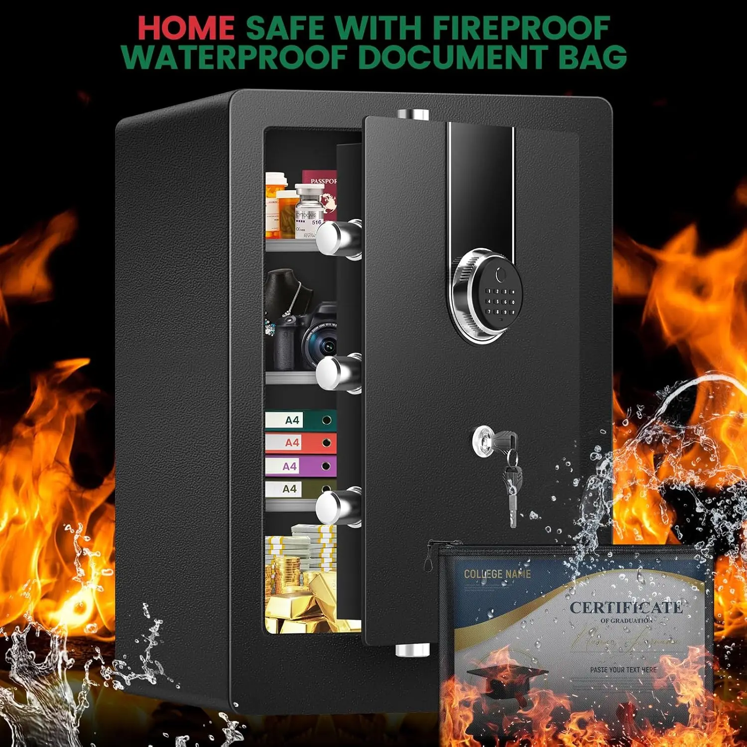 5.0 Cuft Biometric Fireproof Safe For Home, Heavy Duty Safe Box Fireproof Waterproof, Large Document Safety With Keypad and Dual