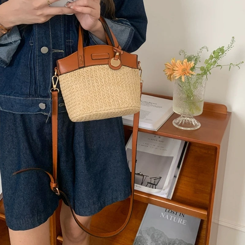 Vintage Woven Straw Crossbody Bag Top Handle Spliced Shoulder Handbag for Women E74B