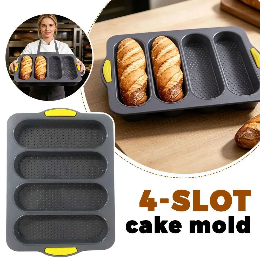 4-Slot Silicone Bread Mold, Food-Grade Non-Stick Baguette & Hamburger Bun Baking Tray, Oven-Safe Kitchen Bakeware Tool
