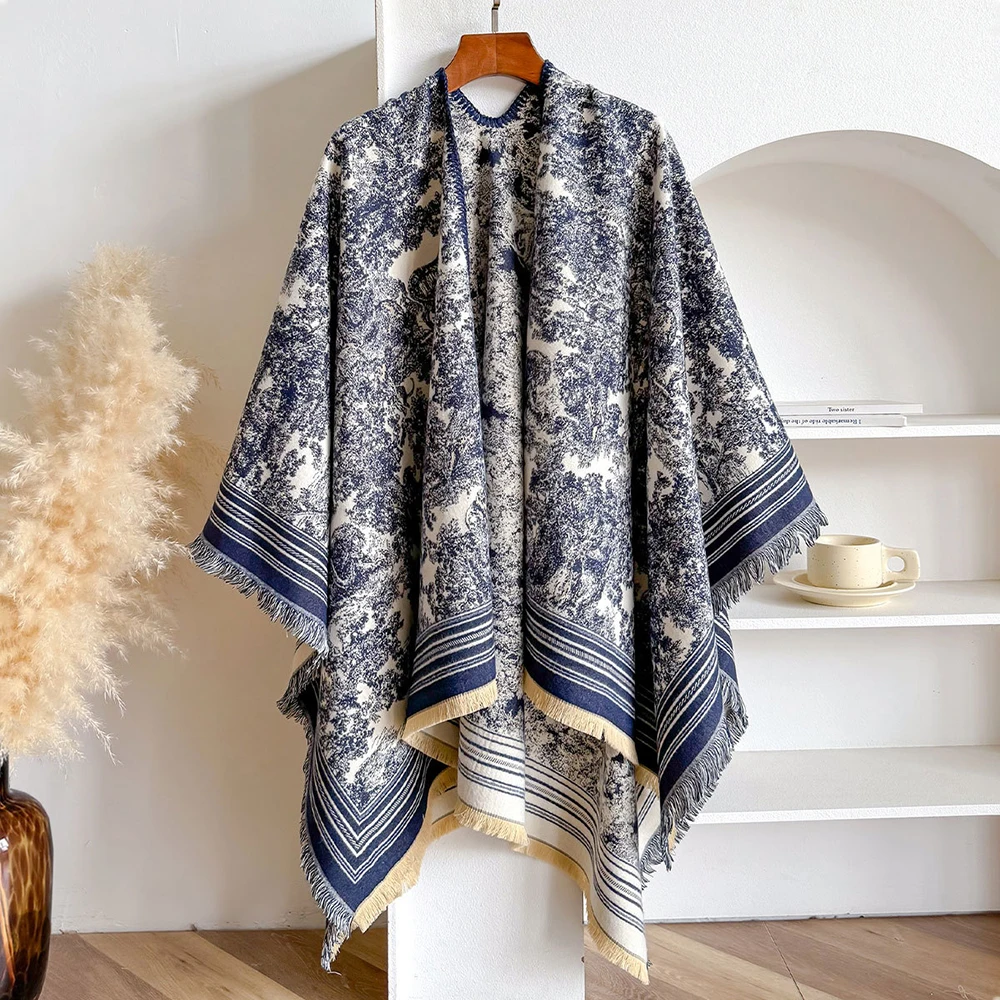 

Jungle Animal Jacquard Wool Blends Cape Long Poncho Autumn Winter Thick Shawl Fashion Star Style Wraps Cloak Women Gift