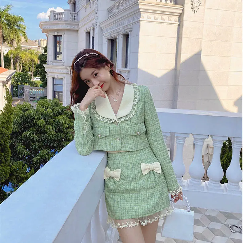 Two Piece Set Frill Lace Pearls Button Up Jacket Tweed Outfit Coat Crop Top + Bow Mini Skirt Suit Women Fall Cute Korean Clothes