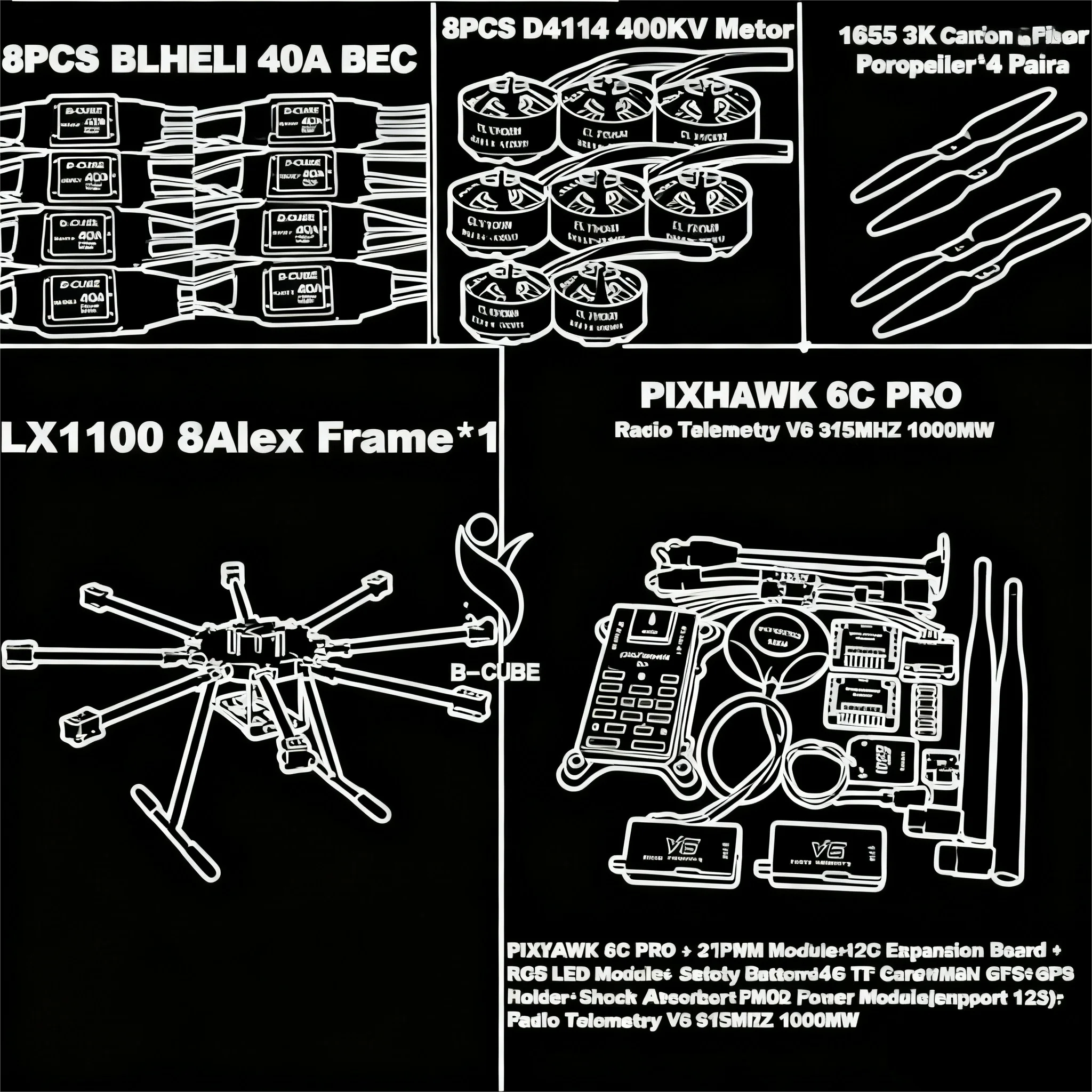 

LX1100 PX4 PIXHAWK 6C PRO M8N M9N M10 Полностью карбоновое волокно, 1100 мм, восьмироторная рама D4114, двигатель BLHELI 40A ESC Flight Comtrol Set