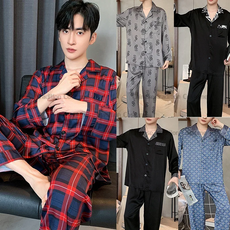 Luxury Ice Silk Sleepwear Long Sleeve Pant&pants Male Thin Loungewear Home Clothes Lapel Shirt&pants 2Pcs Pajamas Suit Outwear