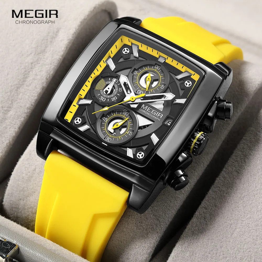 MEGIR Military Sport Yellow Watch for Men Fashion Rectangle Chronograph Quartz Wristwatch with Luminous Hands Date Silicone Band