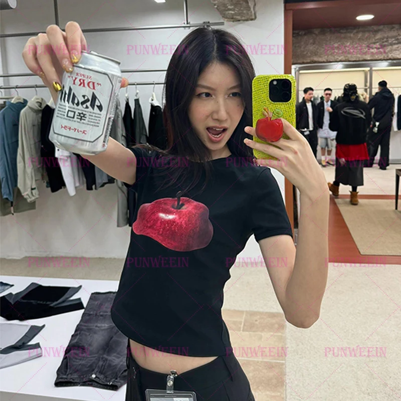 Gothic Y2k Clothes fruit Funny Cute Female Crop Tops short sleeve Vintage 90s Kawaii Baby Tees Punk Streetwear Women Casual Tops