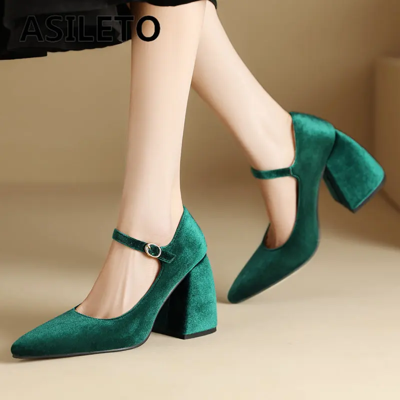 ASILETO Sexy Women Pumps 32 33 Flock Pointed Toe Chunky Heels 9.5cm Buckle Strap Plus Size 46 47 48 Wedding Party Shoes