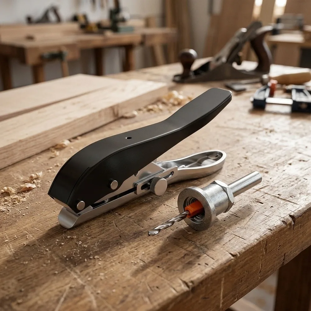 Easy-Grip Edge Banding Punch Curved Lever Mechanism 2mm Thickness Limit 12.6 cm Tool Length Silver and Black Housing