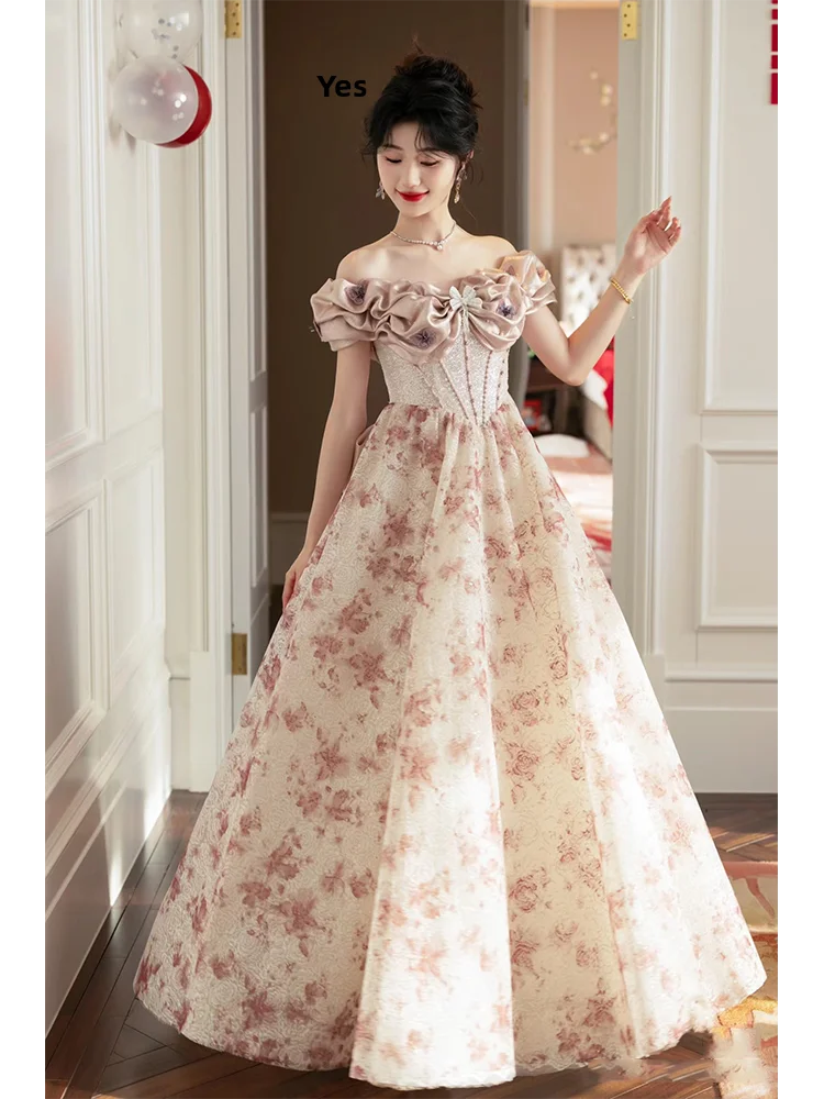 

One-oulder Evening Gown 2025 New Vintage Engagement Performance Clothes Adult Ceremony Birthday Ball Polyester Fiber Skirt