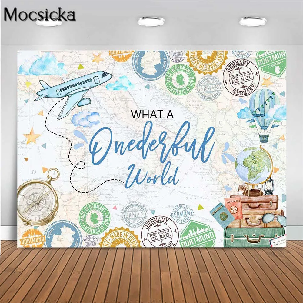 Mocsicka Baby 1st Birthday Backdrop What a Onederful World Airplane Photography Background Boy First Cake Smash Party Decor Prop