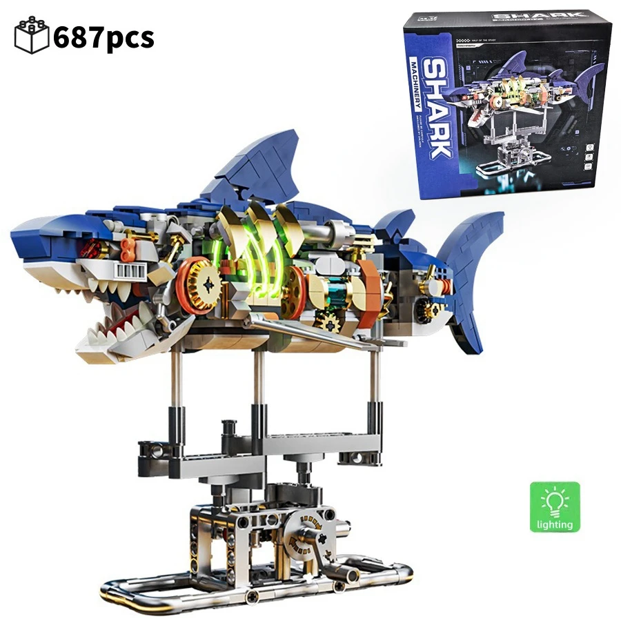 Creative Mechanical Shark Sea Animal Life Set With Light Display Stand Building Blocks Bricks Model Assembly Toys For Kid Gifts