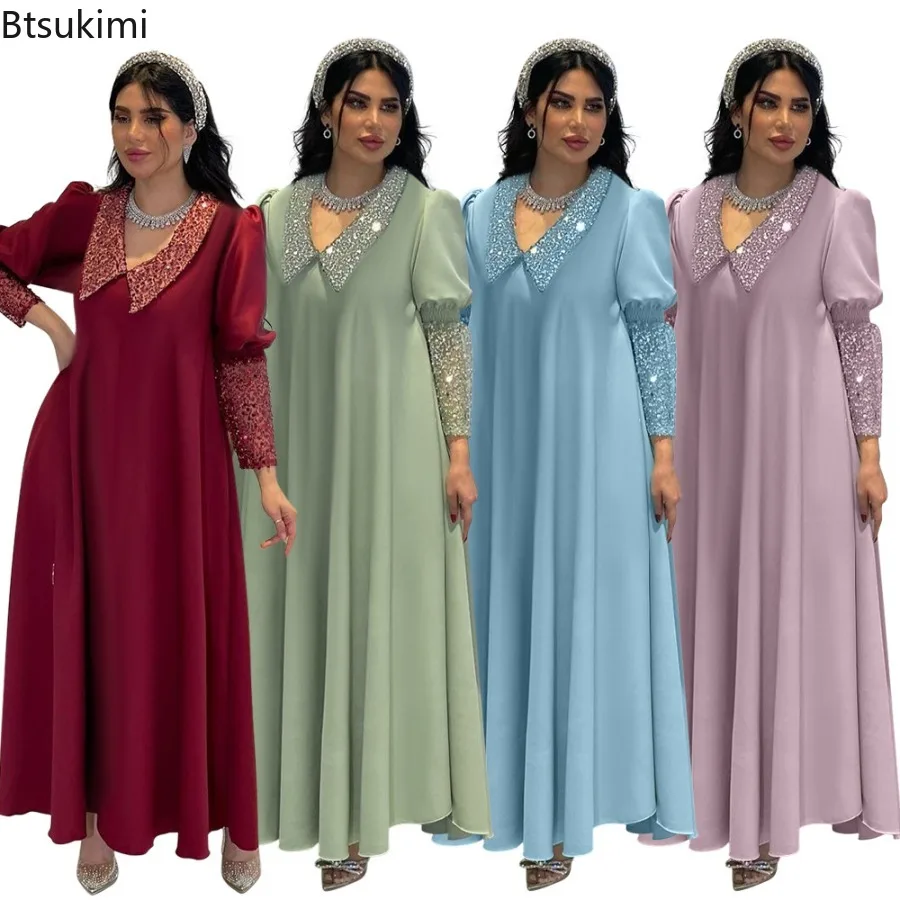 

Роскошные платья макси с пайетками и V-образным вырезом для женщин, мусульманские абайи, новая весенняя свободная вечерняя одежда, этническое винтажное женское платье с рукавами-фонариками