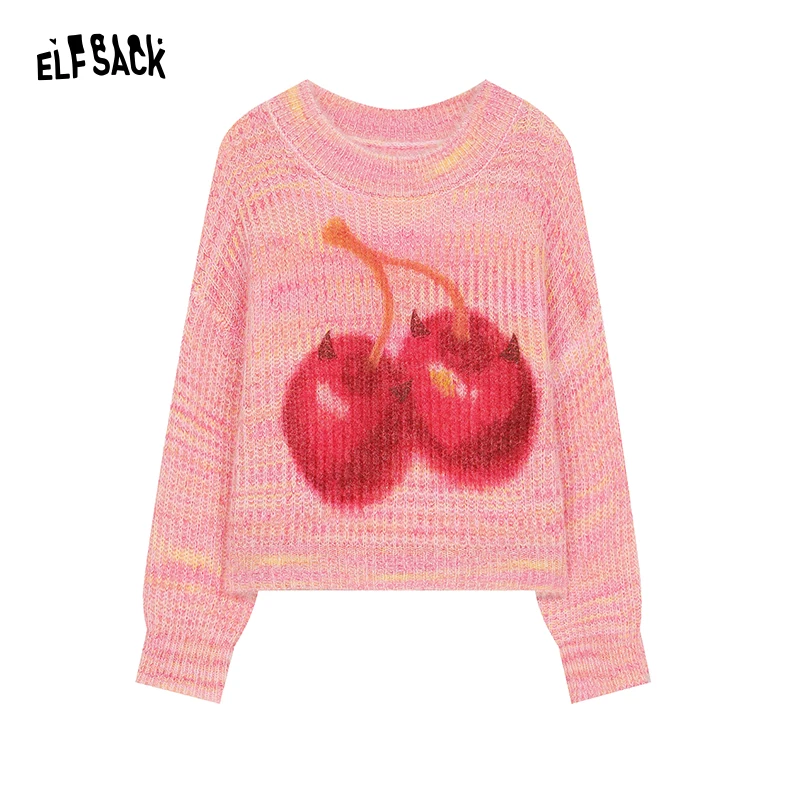 ELFSACK 2024 Autumn New Arrivals Colorful cherry print round neck sweater for women, sweet loose short sweater