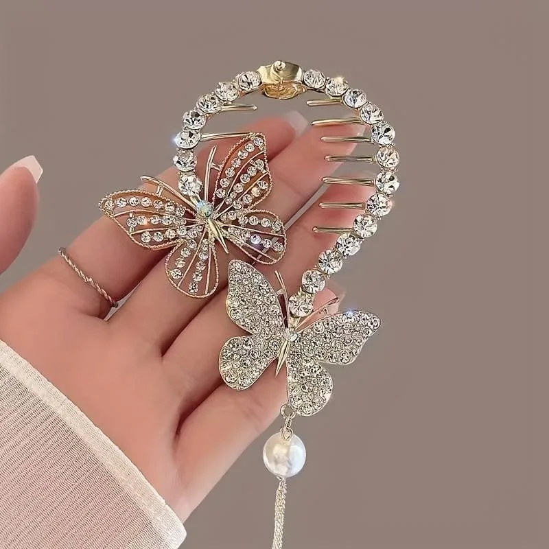 Exquisite Elegant Shiny Rhinestones Bun Buckle, Golden Hollow Butterfly Design Tassel Hair Clip, Women Girls Casual Leisure