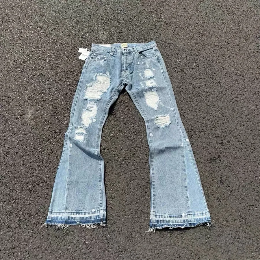 

High Waist American Sle Destroyed Patchwork Micro Flared Denim Jeans Street Hip Hop Long Trousers Breathable Cotton Jeans