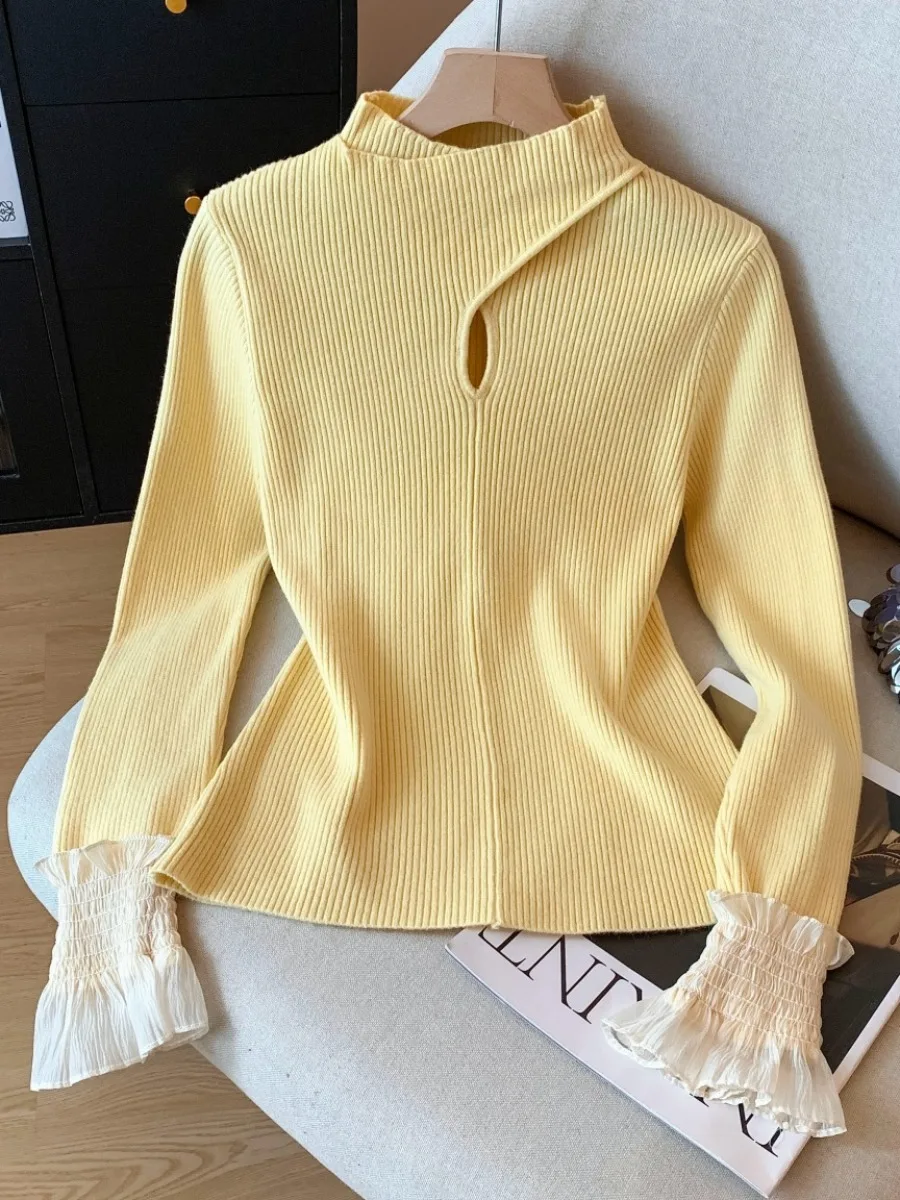 

Warm Knitted Base irt Women's f High Collar Hollow out Design Commute Sle Fce Inner Wear Korean Version Slim Fit
