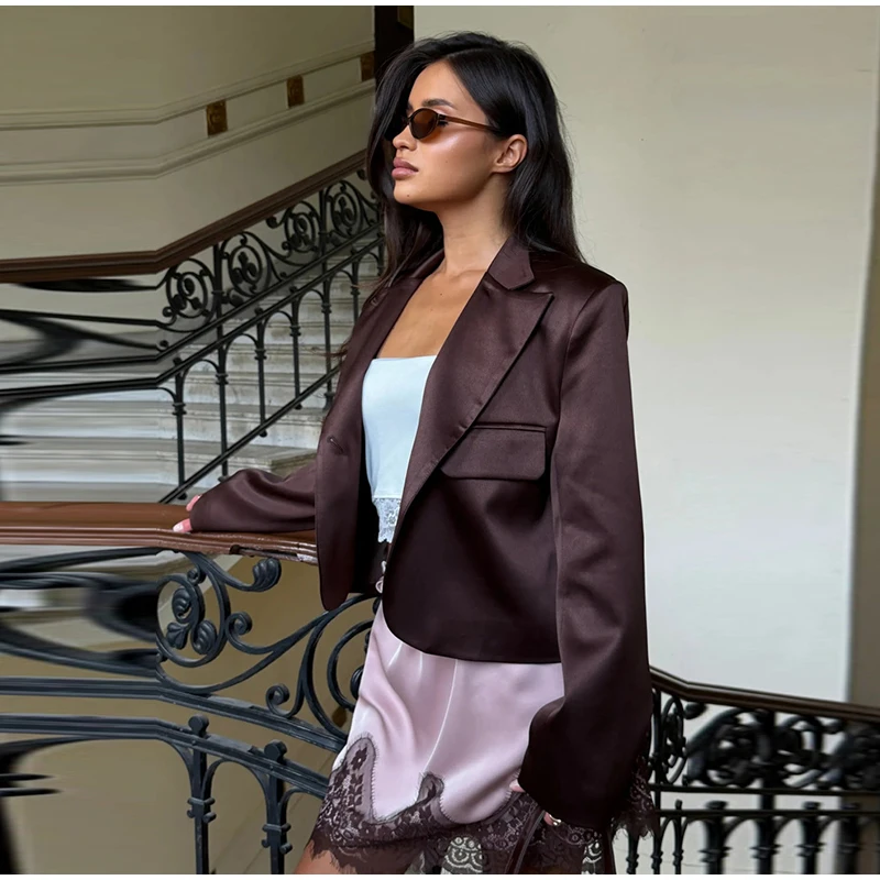 Damenmäntel Satin Stehkragen Seitliche Knopfleiste Kurze Anzugjacke Herbst Damen Langarm Knopfleiste Einfarbige Lockere Jacke Neue Oberbekleidung – Detail 12