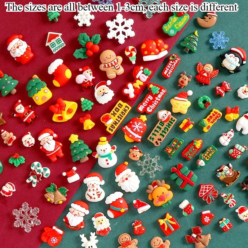 100/200 pcs Christmas Mini Resin Figurines Assorted Santa Snowman Tree Charms DIY Holiday Craft Gift Decor