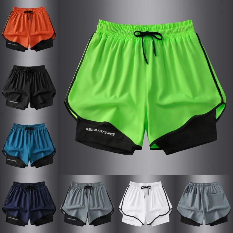 Summer unisex sports running shorts, marathon athletics, American style quick drying lining, fake two-piece training shorts for