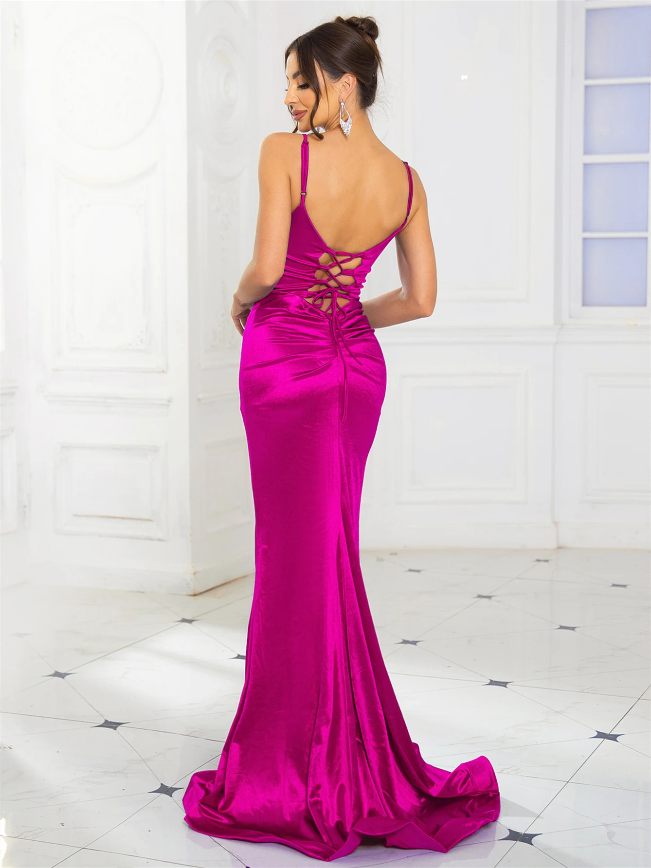 Lace Up Backless Satin Maxi Dress V Neck Pleated Low Waist Sleeveless Split Bridesmaid  Sexy Evening Wedding Party Gown