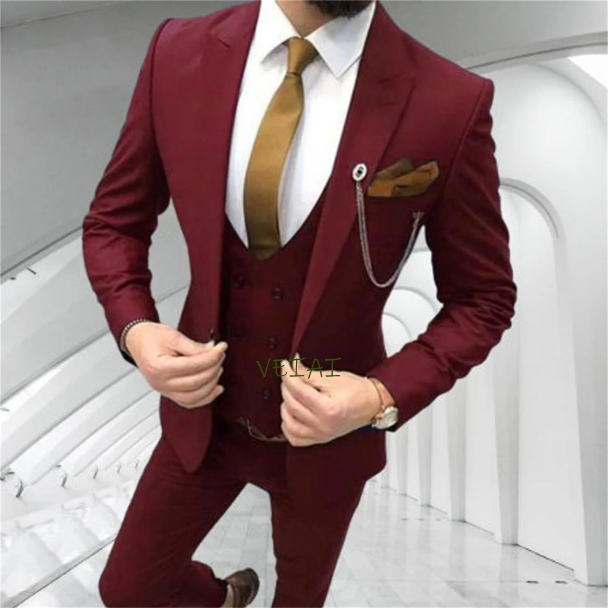 CustomizedBurgundy Slim Fit Men Suits Casual Style Wedding Tuxedo for Groom 3 Piece Male Fashion Jacket with Pants Double Breast