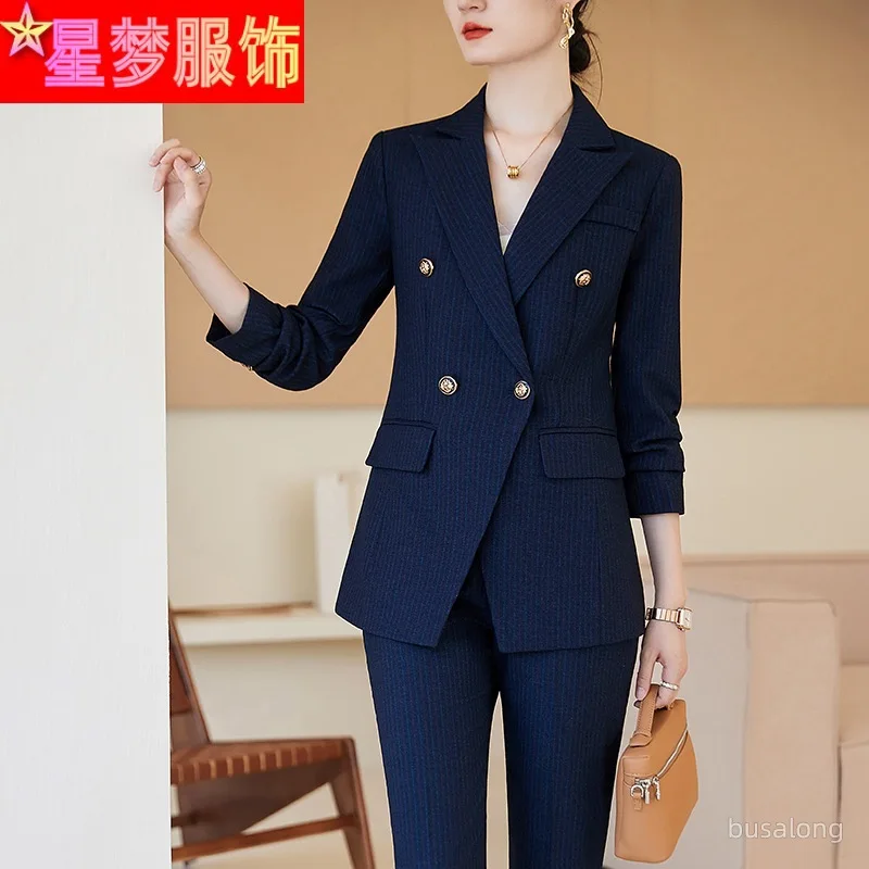 

Autumn and Winter Long-Sleeved Business Wear Elegant Women's Business Formal Suit Fashionable Double-Breasted Striped Coat Overa