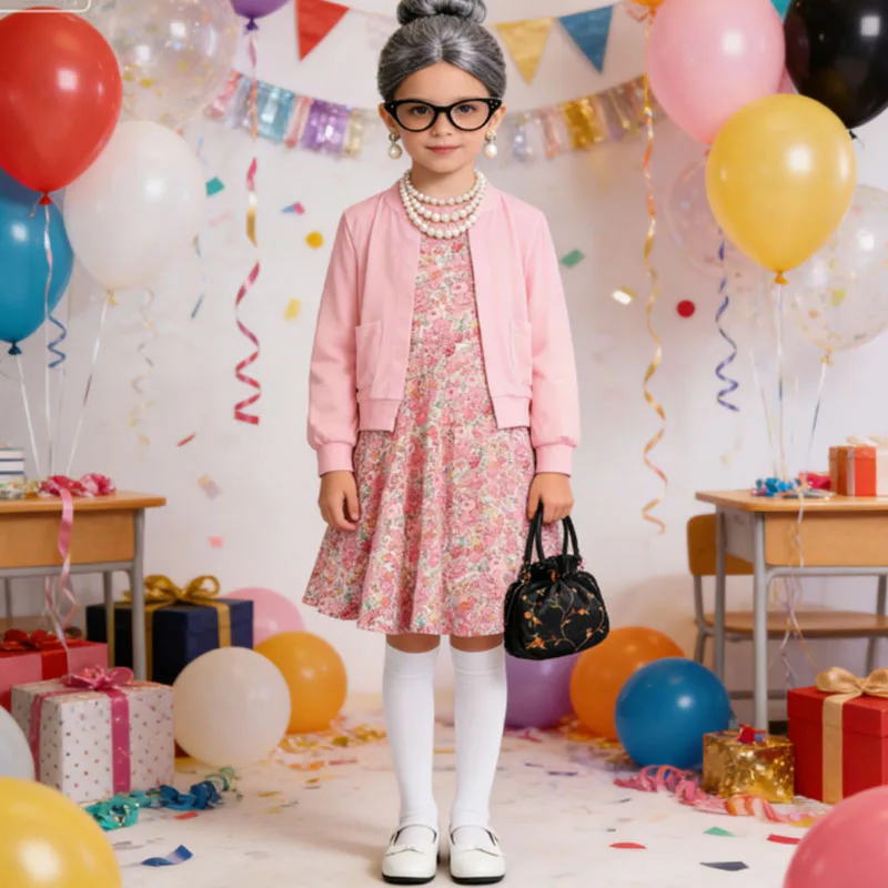 100 Days Of School Girl Cosplay Funny Granny Outfit Girls Outfits Party Old Lady'S Floral Skirt Costume With Various Accessories