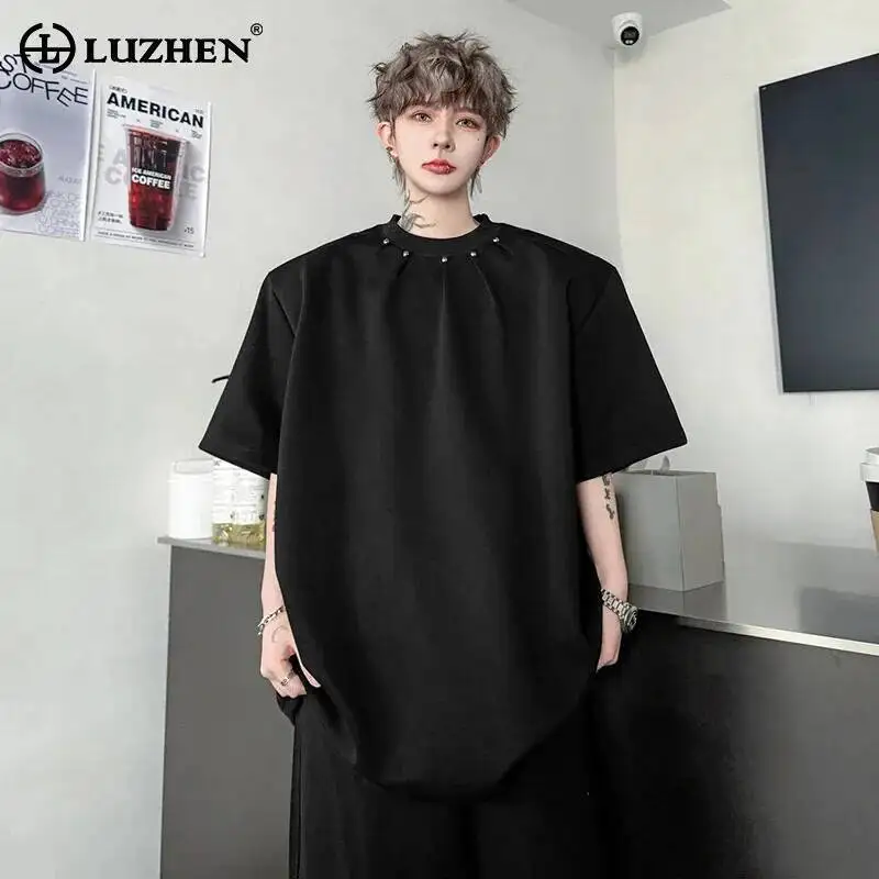 LUZHEN Short Round Polka Dots Summer Patchwork Pleated 2026 Neck Sleeve T-shirt Men's Fashion Handsome Street Casual Tops JY7752