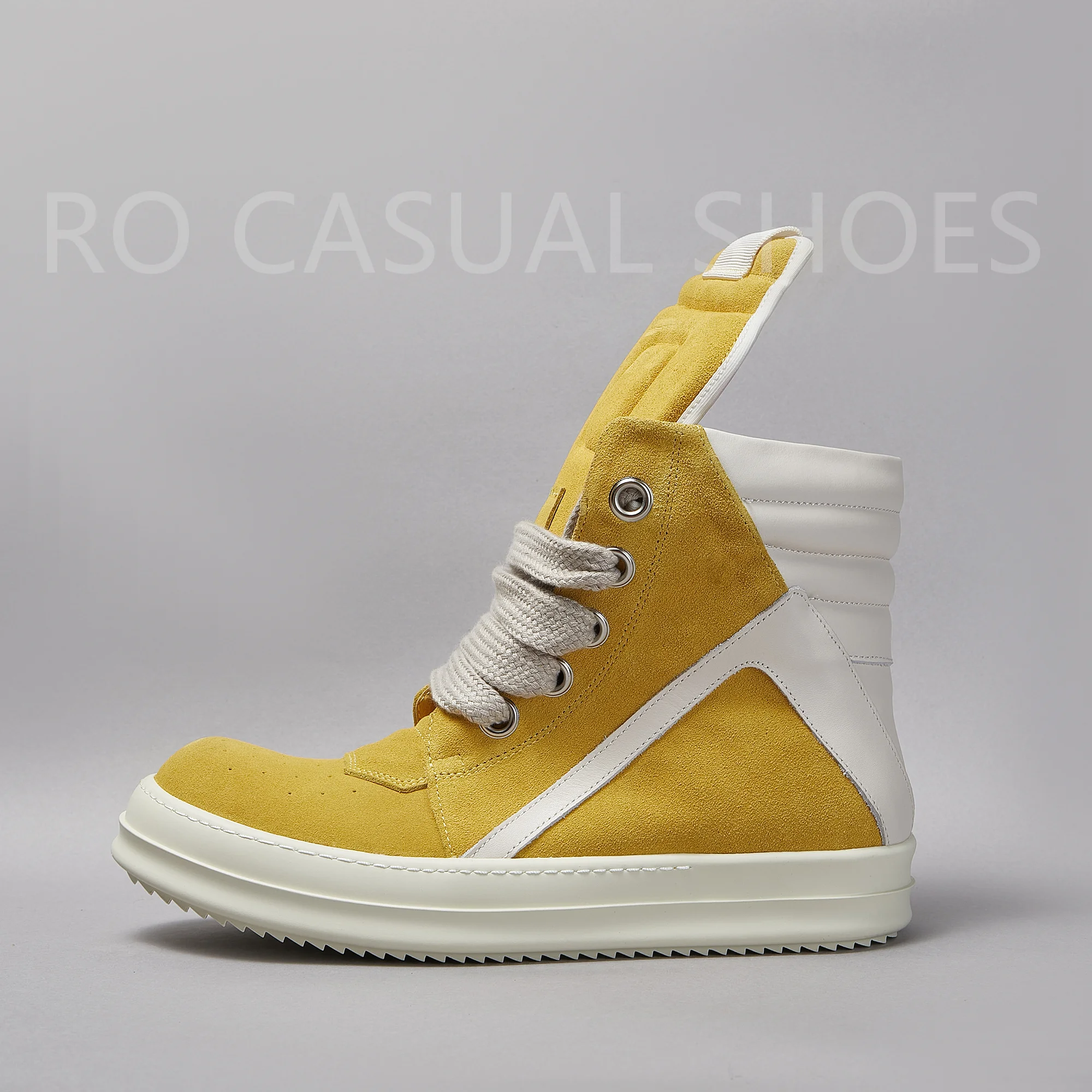 

Brand Ricks Casual Women Sneaker High Top Men Shoe Yellow Suede Leather Geobasket Zip Ankle Boot Owens Quality Flat Shoe