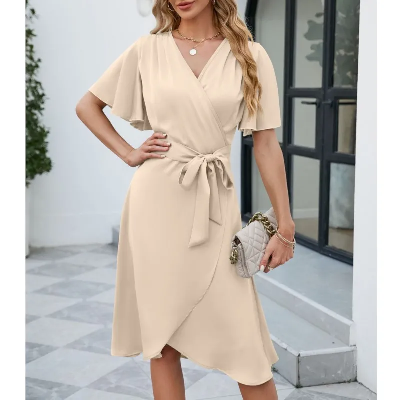 

2024 Summer Women's Satin V-neck Flare Sleeves Sexy Dress New Casual Lace-Up Irregular Knee Length Dress Elegant Party Dresses