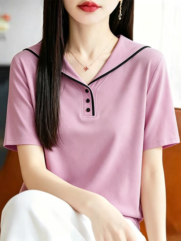 

Summer Navy Collar Short Sleeve Women's T-shirt Pure Cotton Loose Fit Fashionable Color Block Large Size Versatile Top