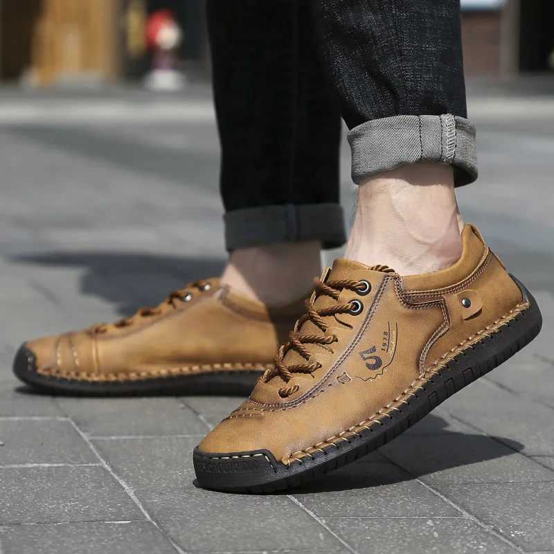 Summer New Men Leather Casual Shoes Outdoor Comfortable Fashion Soft Men's Shoes Low-top Handmade Sewing Flat Heels Single Shoes