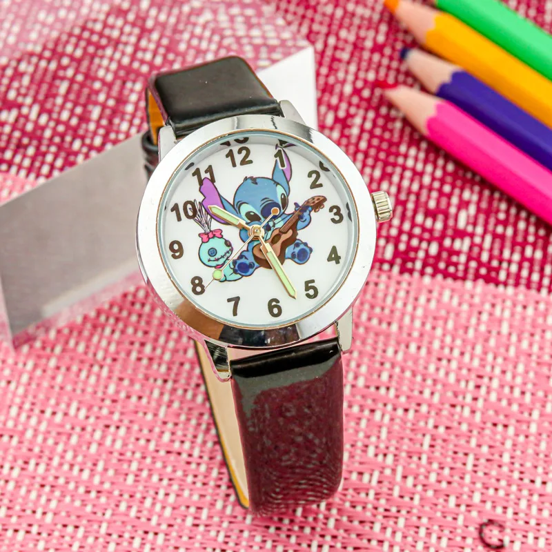 Reloj de dibujos animados de Disney Stitch para niños, figura de Anime Kawaii, reloj de pulsera de cuarzo de cuero, regalos para niños y niñas