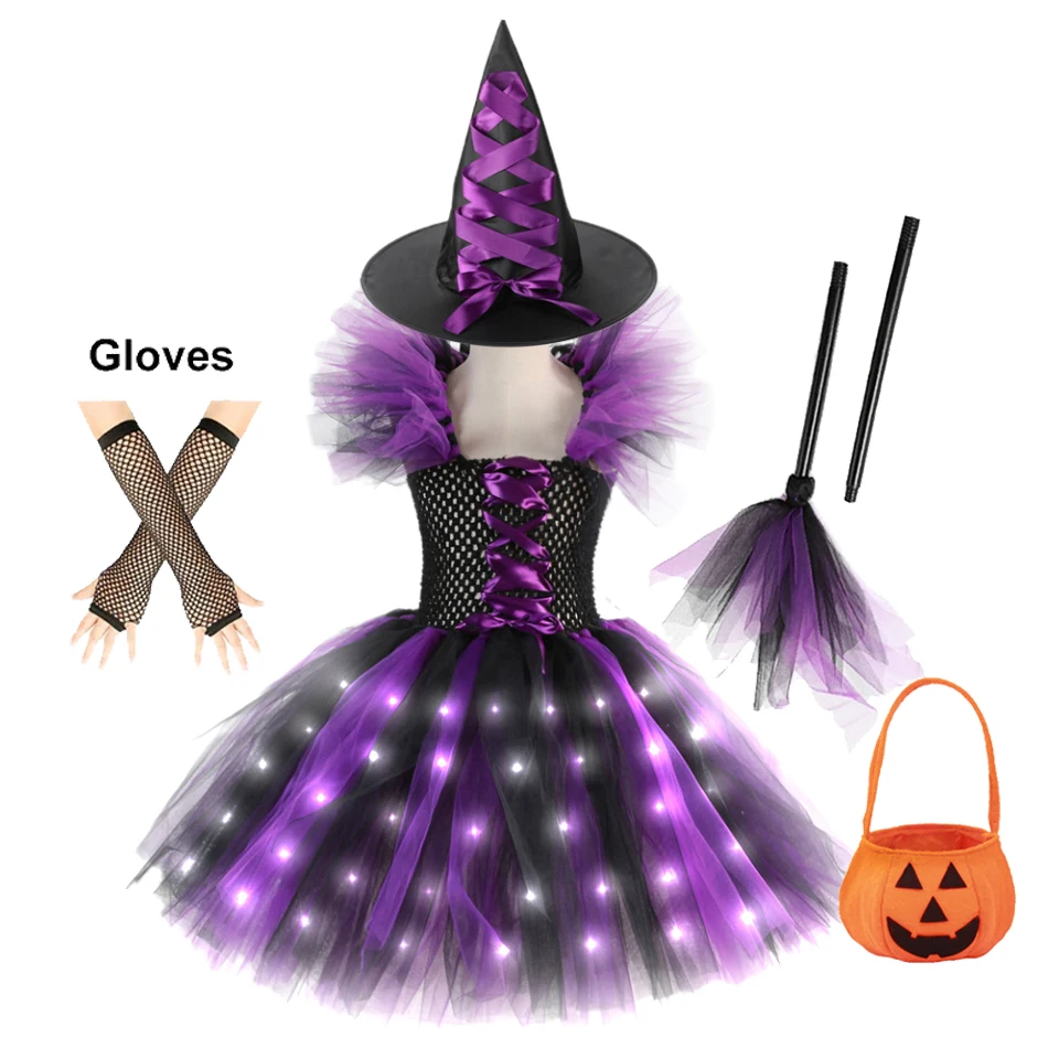 LED Witch Halloween Cosplay Dress Girls Carnival Vestidos Party Kids Children Glowing Costume Party Princess Dress