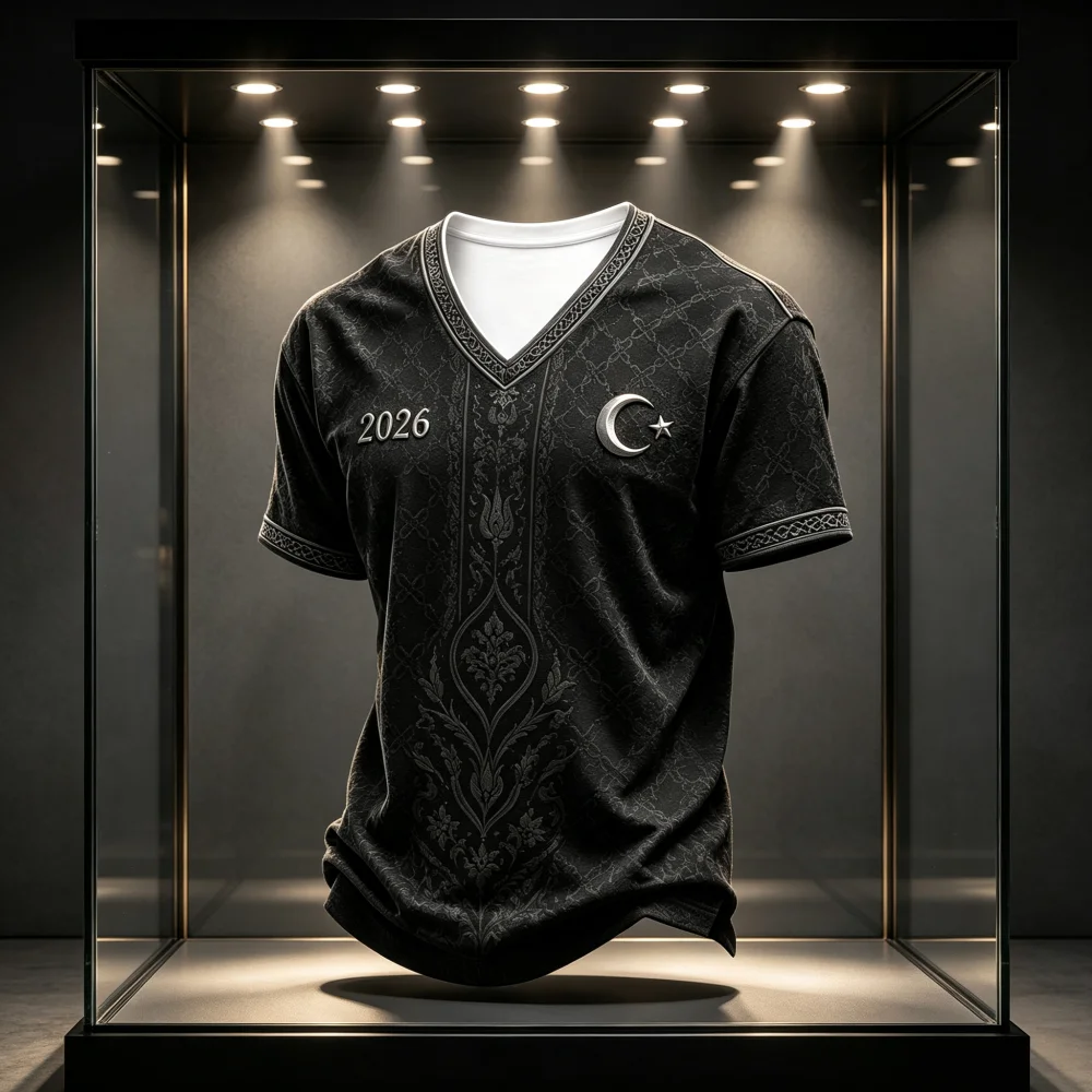 2026 New Türkiye Football Jersey Black Print Gold Crescent Star V Neck Sleeve Sports Fan Short Sleeve Unisex Family Kids Tees