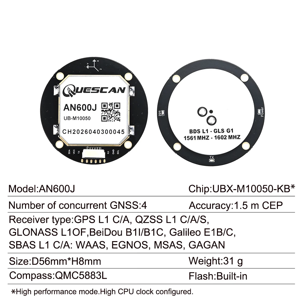 Módulo GPS GNSS QUESCAN UBX M10 com Bússola QMC5883L, Antena de Alimentação Dupla ESP32, Receptor GPS Galileo BeiDou GLONASS QZSS SBAS NMEA