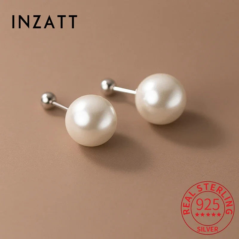 INZATT Real 925 Sterling Silver Geometric Round Bead 6/8/10/12mm Pearl Stud Earrings For Women TRENDY Fine Jewelry Accessories