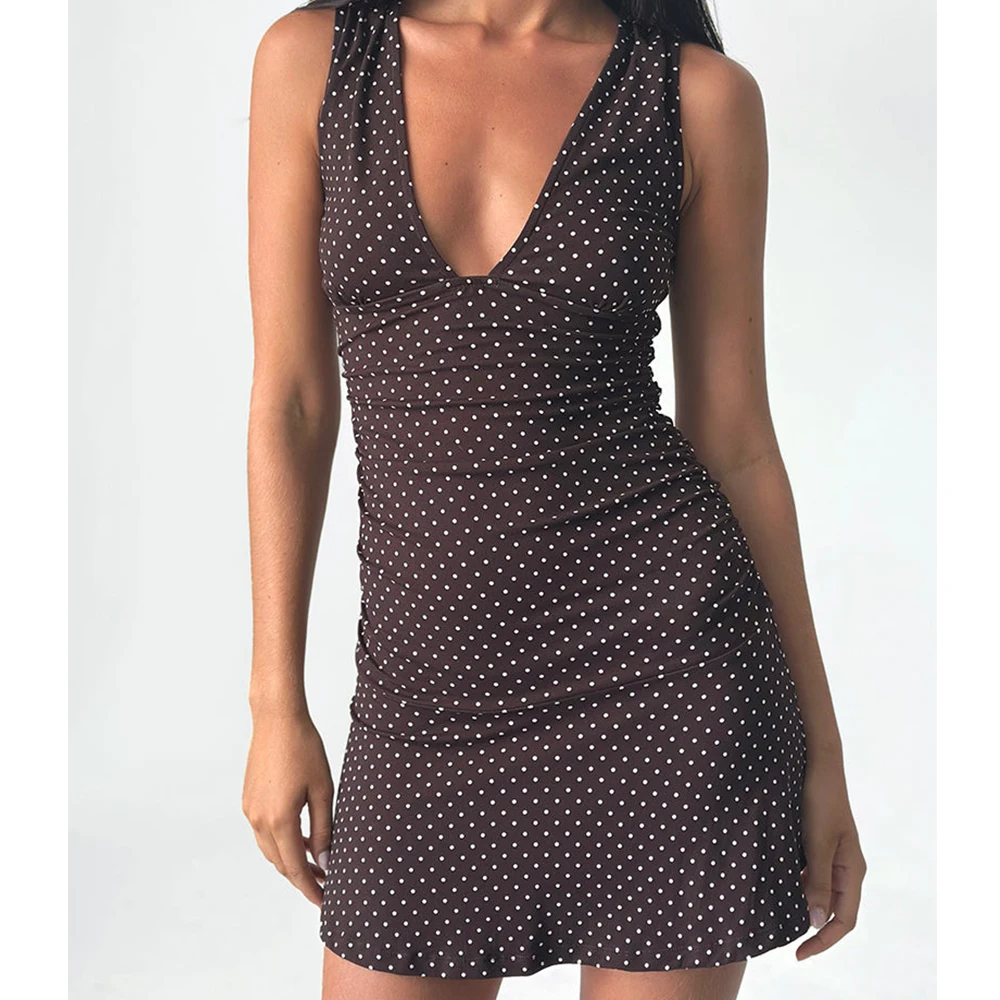 Damska letnia sukienka mini w stylu y2k vintage z nadrukiem w kropki, fairycore grunge, seksowna, bez rękawów, obcisła, na imprezę klubową, wakacje.