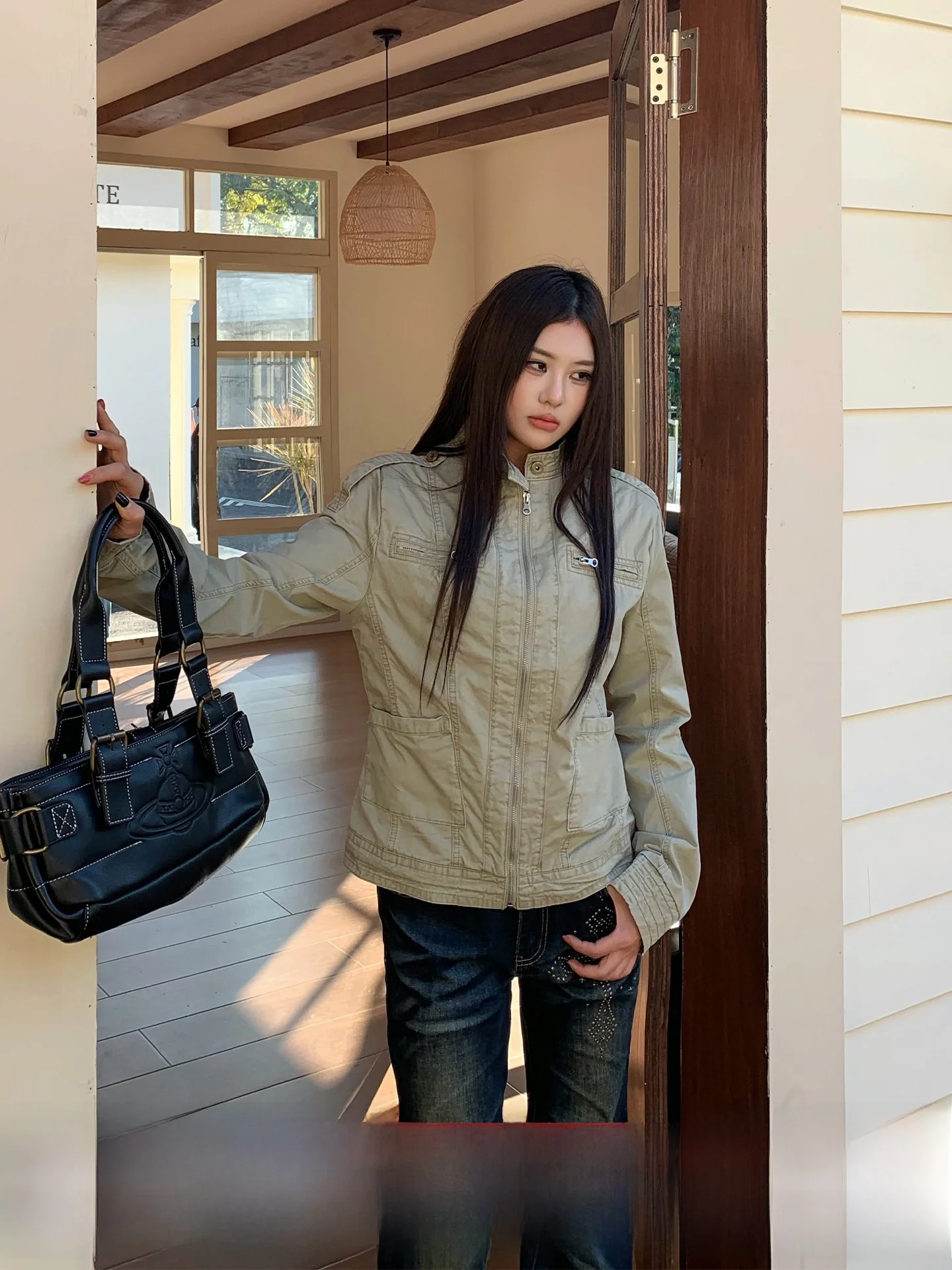 

American Sle Worn Workwear Jaet Women's Slim Fit oulder Design Winter Coat Zipper Top Cotton Long Sve Stand Collar