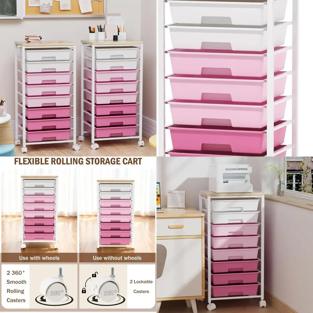 

8-Drawer Rolling Storage Cart with Wooden Top and Lockable Wheels for Craft, Living Room, Office, Classroom, and Bedroom Organiz