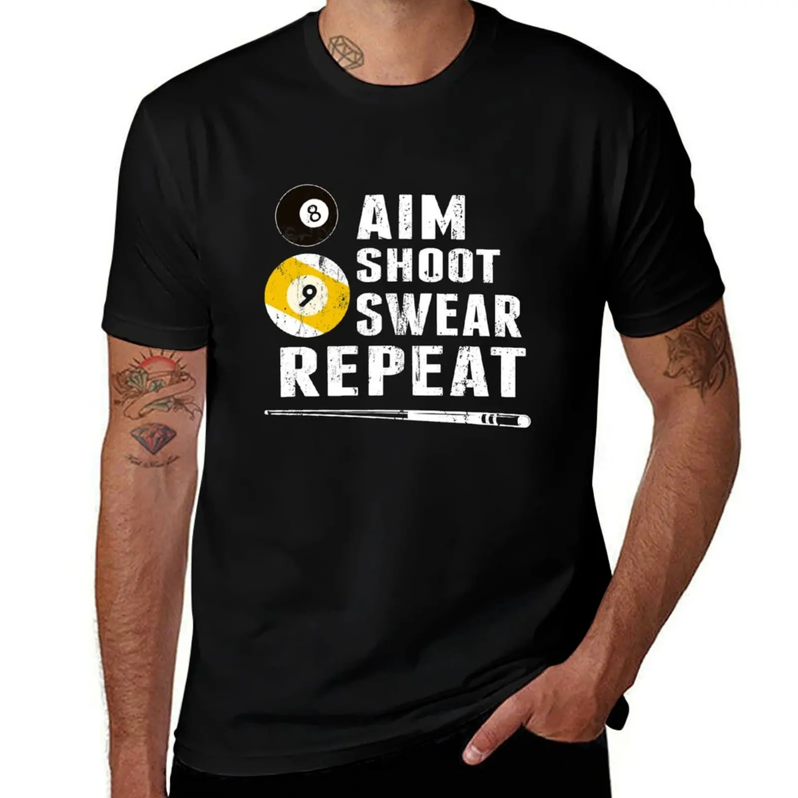Funny Billiards Pool Players Tshirt Aim Shoot Swear Repeat Billiards T-Shirt All Match Print Short Sleeve Top T-Shirt