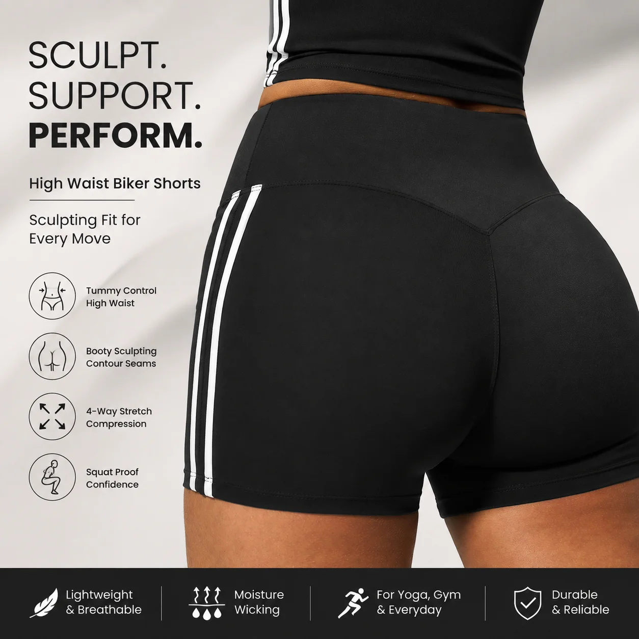 Women's High Waist Side Stripe Biker Shorts with Booty Sculpting Contour Seams Tummy Control Compression Yoga Shorts Squat Proof