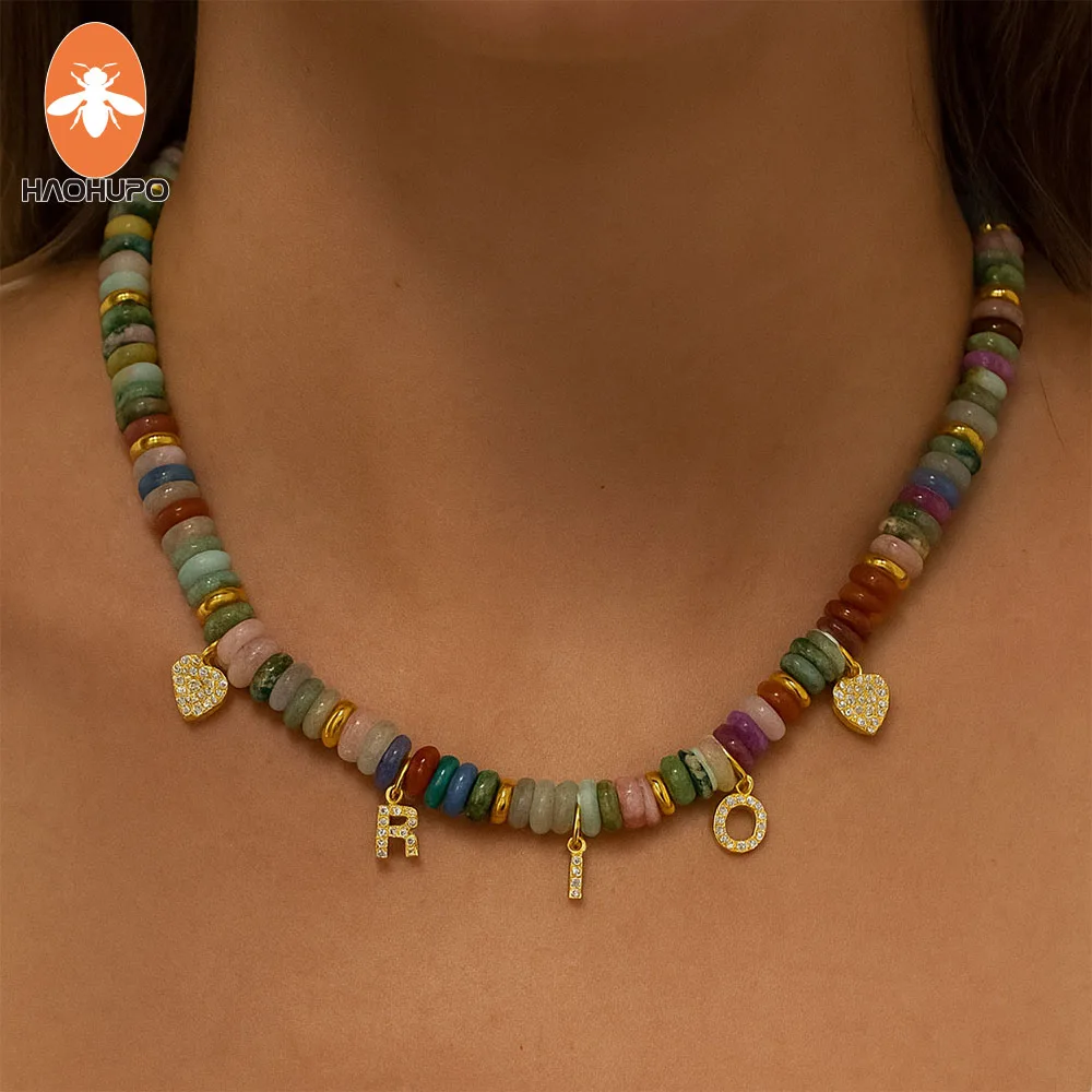 2025 Personalized Initial Letters Necklace Colorful Natural Stone Wheel Beads Summer Jewelry Gift for Women Custom Name Pendant
