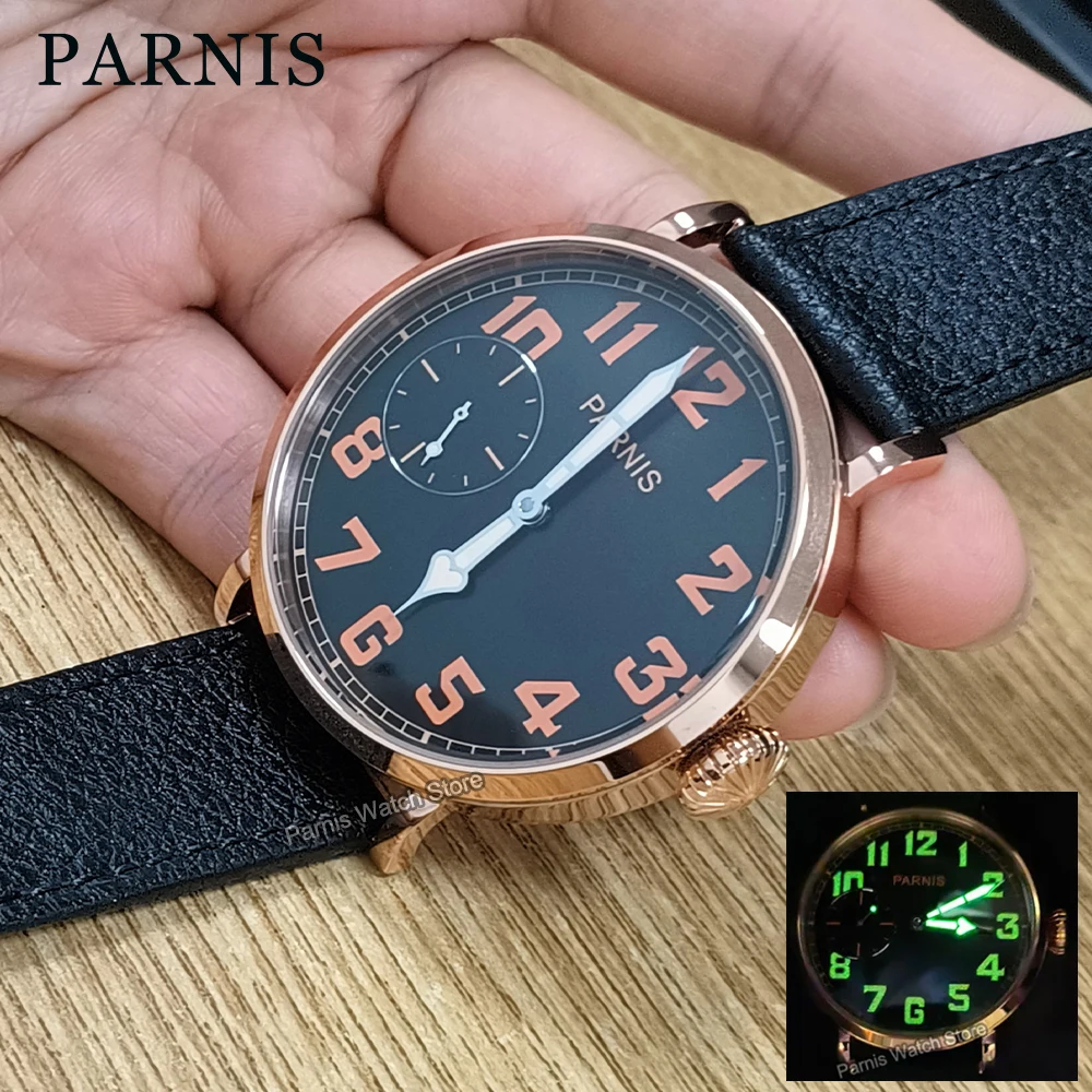 

Parnis 46mm Hand Winding Luminous Mark Men's Causal Watch Rose Gold Stainless Steel Case Small Second