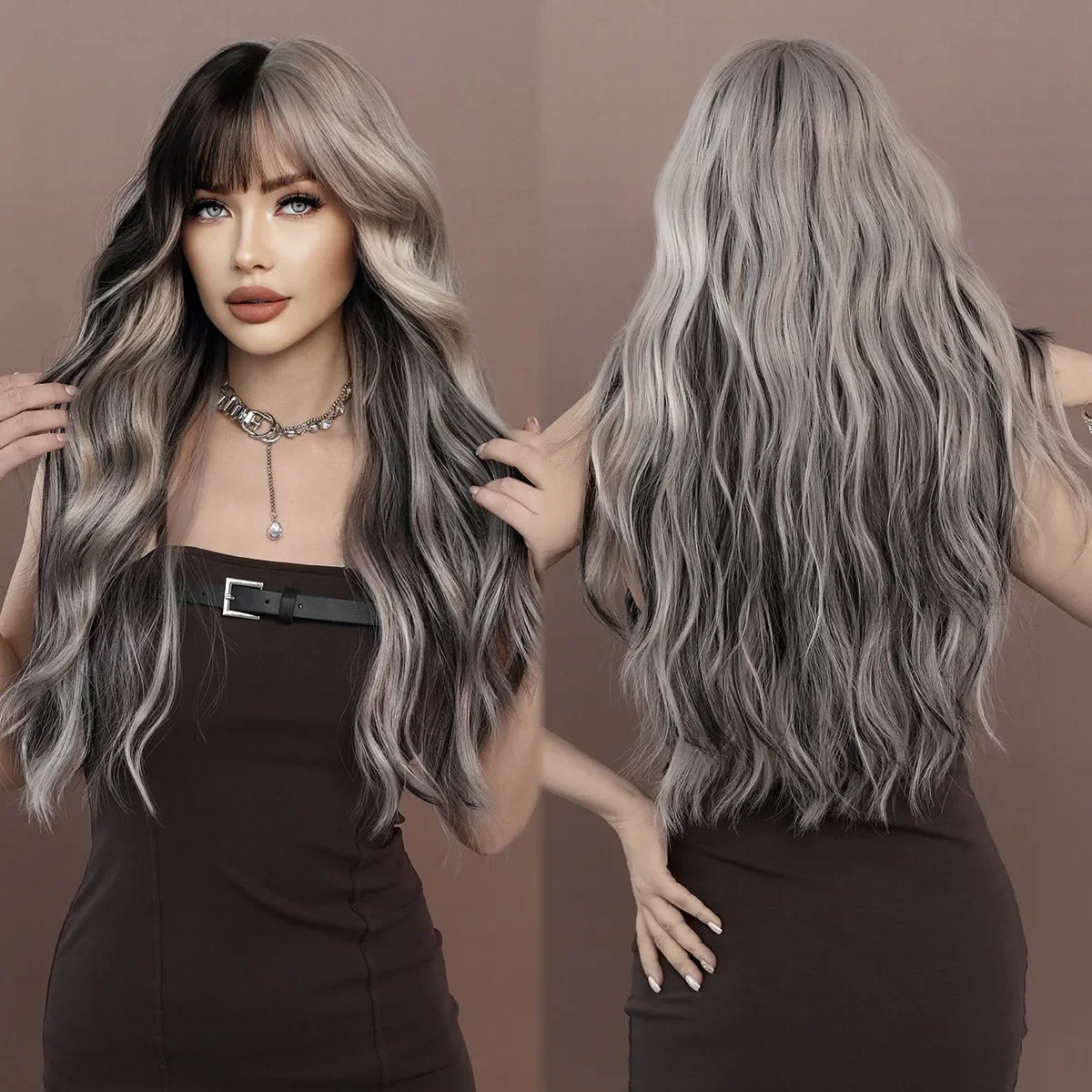 26”-28“ Long Omber Silver Highlights Ash Gradient Color Curly Wavy Cosplay Hair Wig for Halloween Christmas Anime Wigs