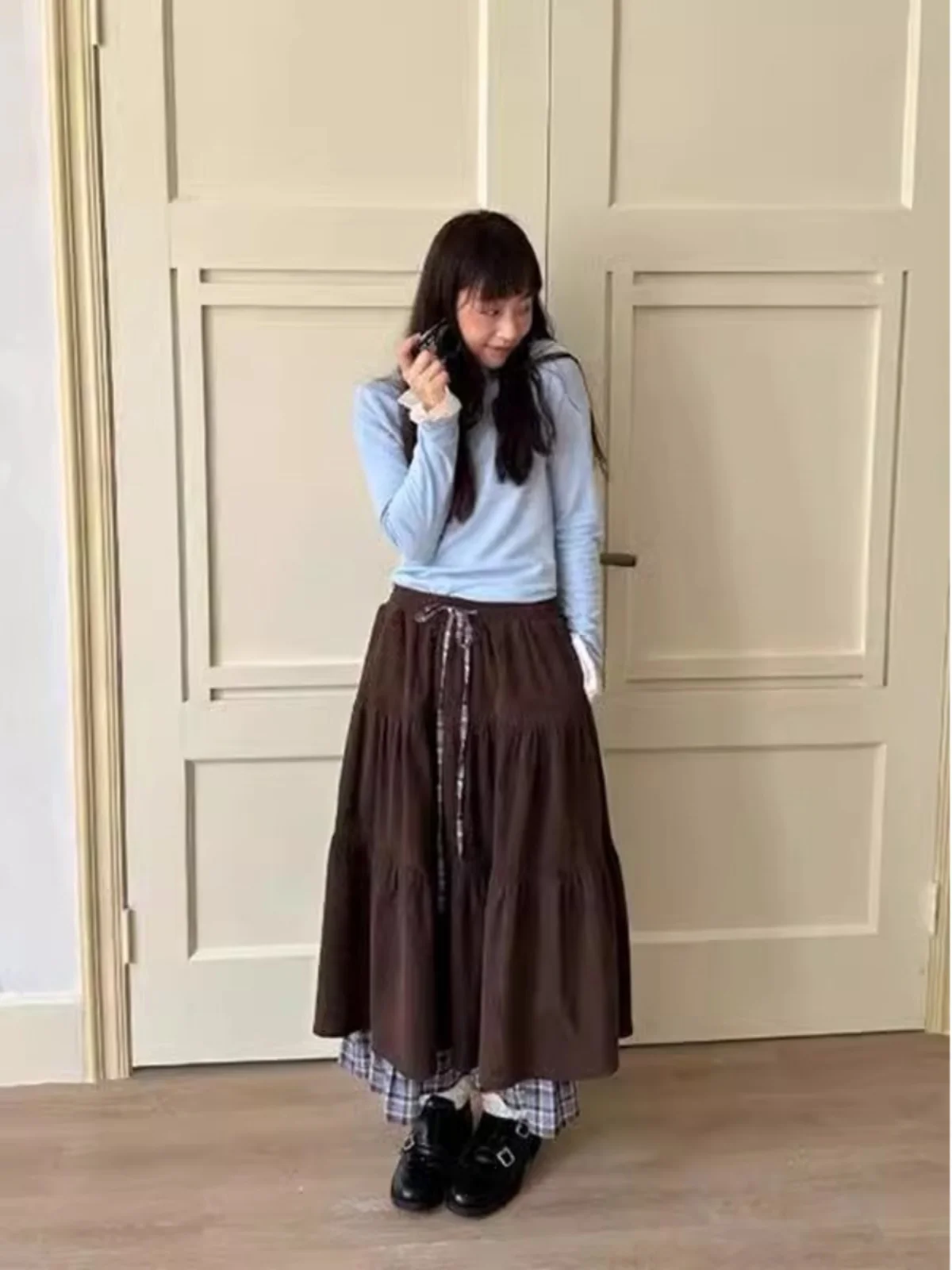 

Heavyweight Brown Patchwork A-Line Skirt Autumn Winter New Sle Cake Skirt Retro Corduroy f-length Skirt