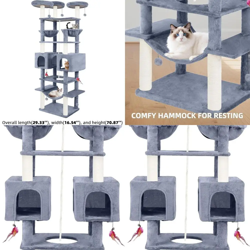 

Indoor Cat Tree with 2 Condos, Hammock, 2 Baskets, Feather Toys, Perches, Balls, Scratching Posts, Grey