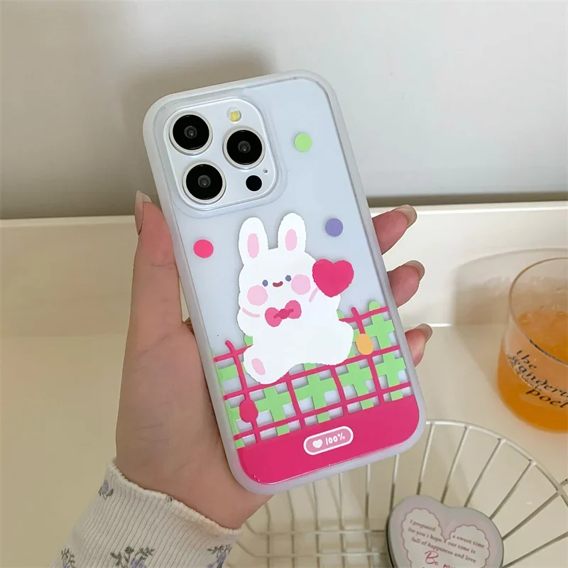Étui de téléphone Kawaii Love Rabbit pour femme, couverture mignonne, graffiti, plaid, emballage complet, coréen, amusant, iPhone 15 Pro, 11, 12, 13, 14 Pro Max