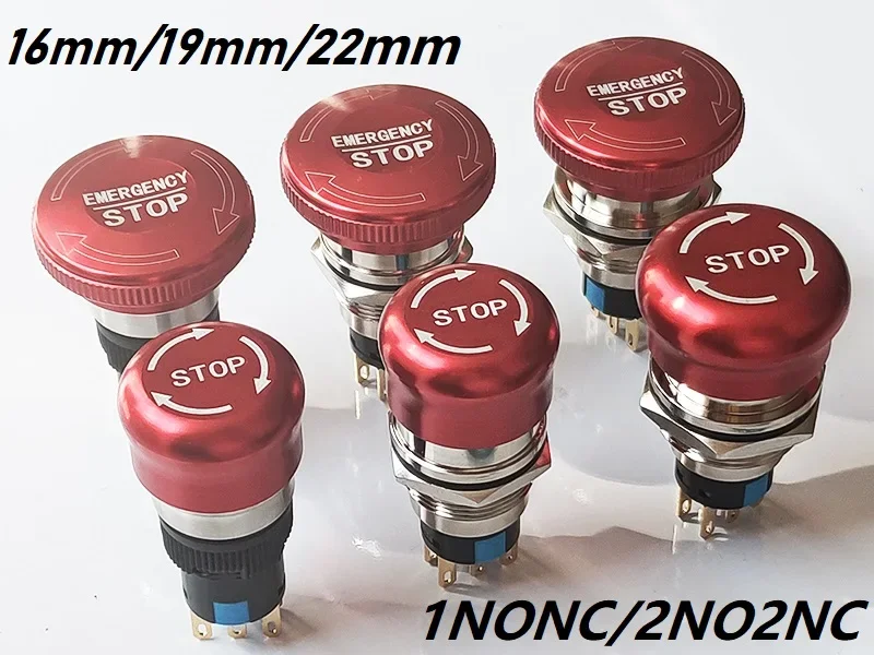 16mm 19mm 22mm Emergency Stop Metal Button Mushroom Head Push Button Stop Switch 1NO1NC 2NO2NC Latching Switch Retention On Off