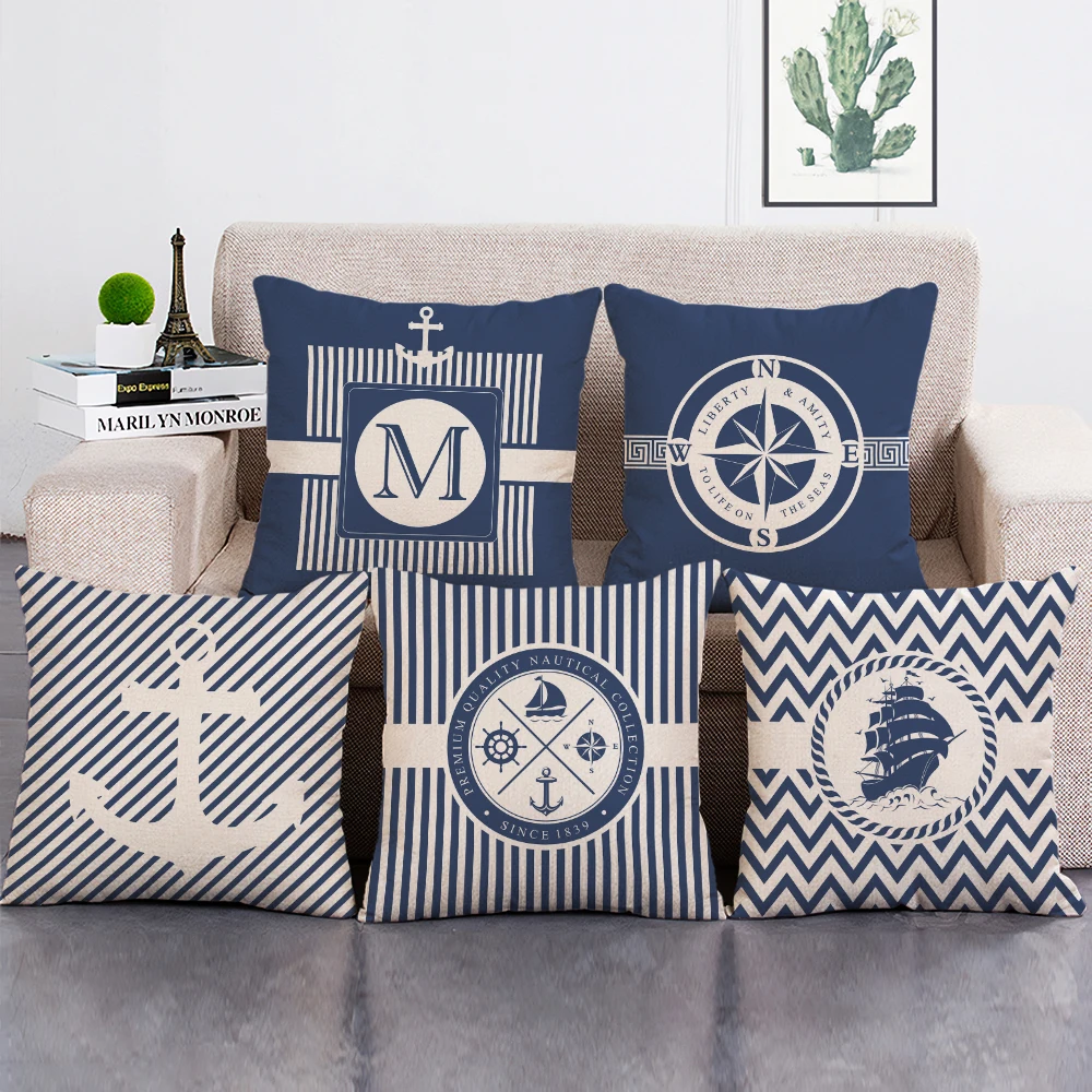 Blue Stripe Compass Boat Print Cushion Cover Nautical Style Decorative Throw Pillow Case for Home Sofa Decor